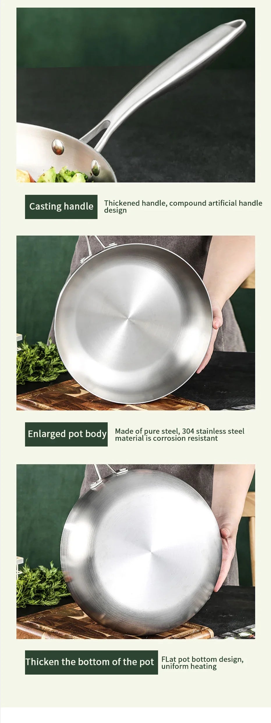 Premium 304 Stainless Steel Non-Stick Frying Pan – Uncoated Skillet for Gas & Induction Cooktops